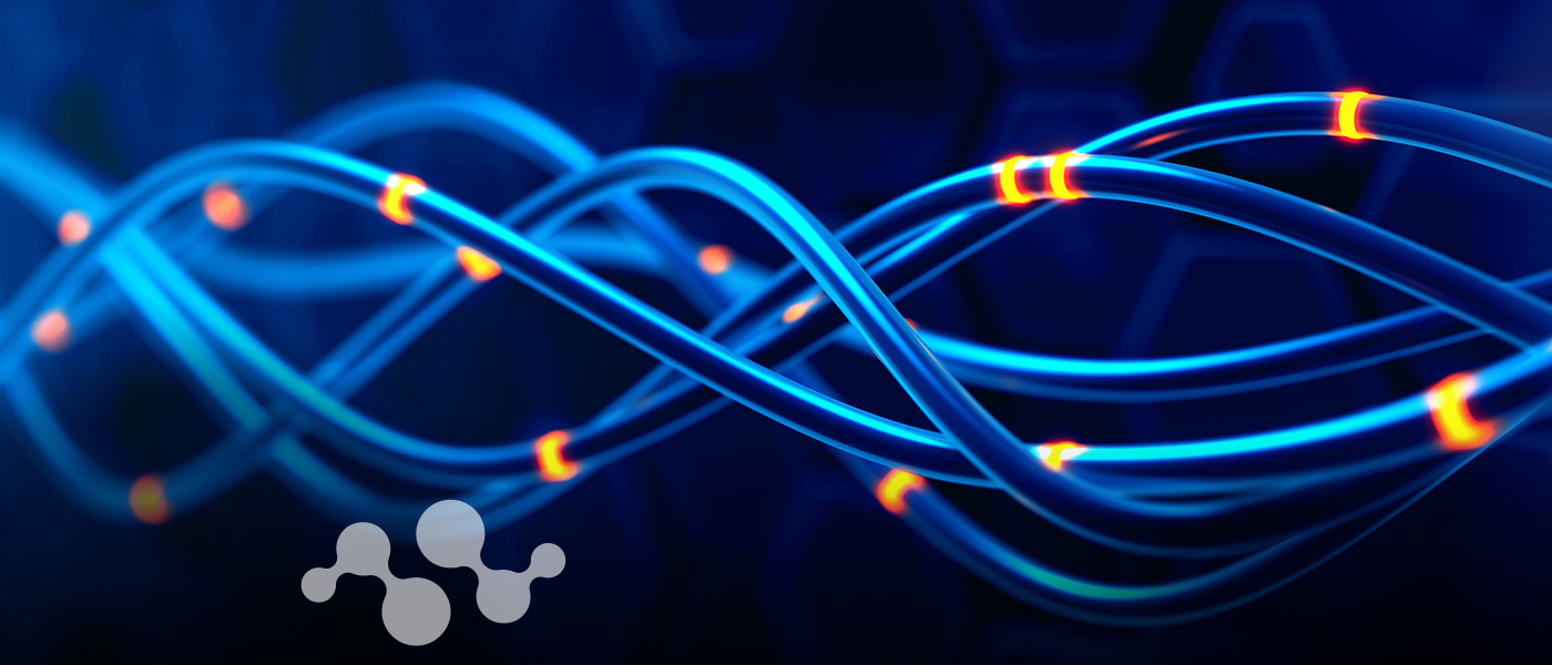 A close-up visualization of glowing blue fiber optic cables or data streams intertwining against a dark blue background. The cables feature bright orange/yellow connection points where data appears to be transferring. The semi-transparent Semtech logo is visible in the bottom left corner of the image.